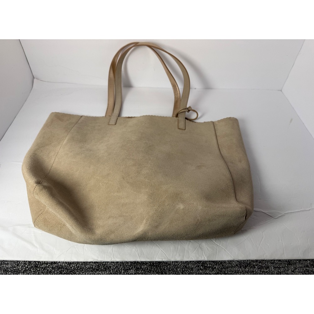 Banana Republic Tan Suede Scalloped Tote Bag Metallic Gold Interior with Pouch